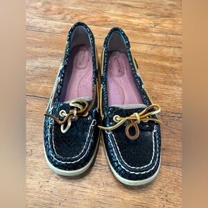 Preppy Black Shiny Animal Print Coastal Boat Shoes